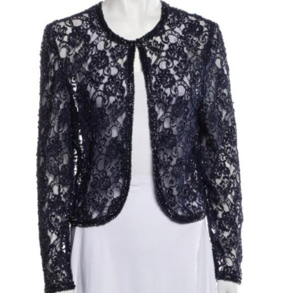2pc Brilliante Gown & Jacket Sz L Navy Blue Lace Sequins Beaded Mother Wedding - Picture 4 of 16